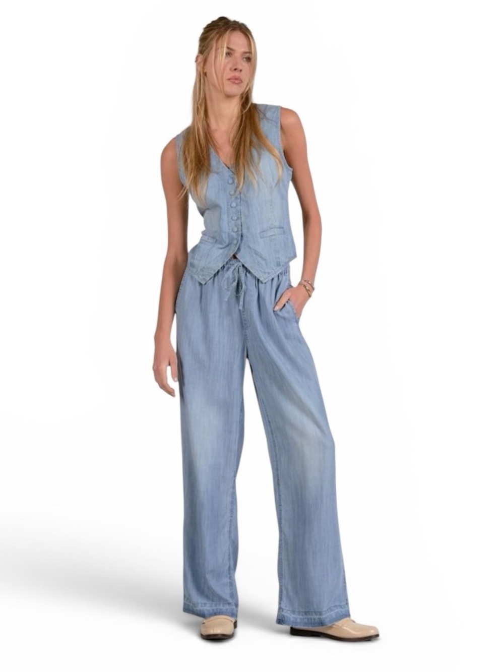 NWT, Ret. $174, Elan Tencel Vest & Drawstring Wide Leg Pant Set | Medium